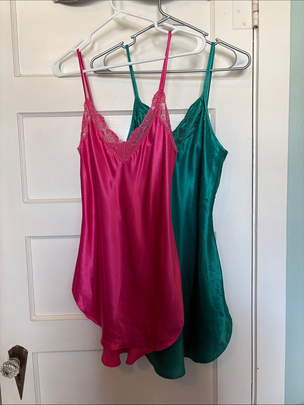 Sleep Solutions & Victoria’s Secret Satin w/Lace Trim Chemises Fuchsia and Teal